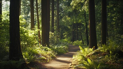 Sunlight Filtering Through Trees on Forest Path