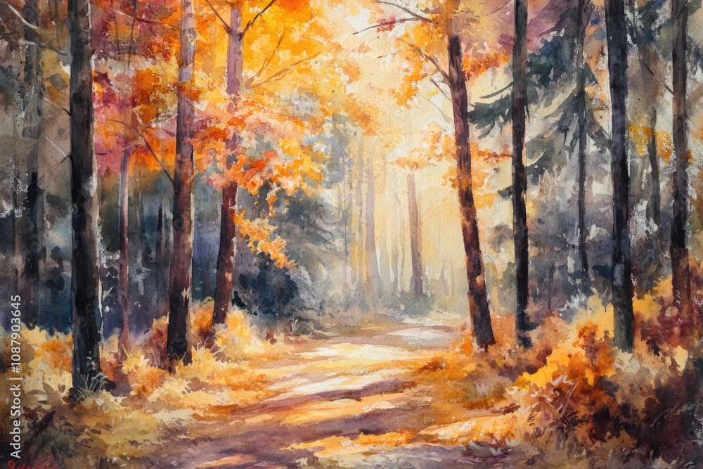 Poster a serene forest path surrounded by trees and foliage