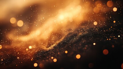 Golden dust particles swirling and creating a wavy pattern on a dark bronze background with a copper tone bokeh effect
