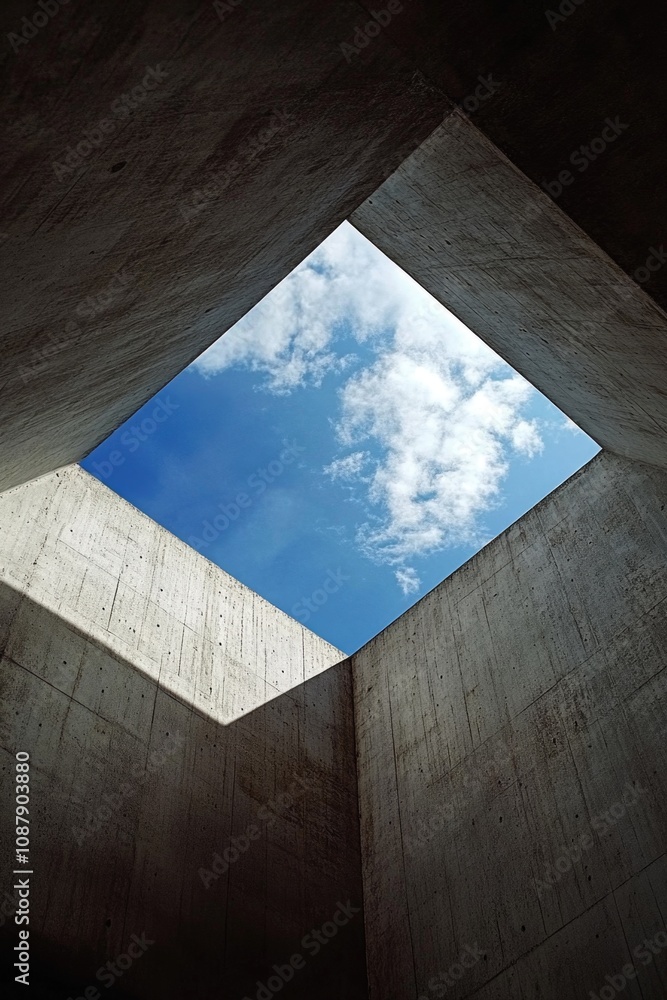 Poster A view of the sky through a concrete structure with blurred details, suitable for abstract backgrounds or architectural concepts