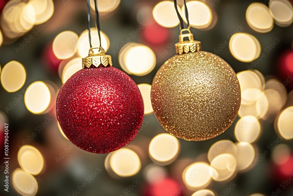 Poster a pair of festive decorations hung from a tree branch