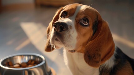 A domesticated dog sits next to its food bowl, awaiting mealtime