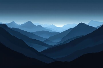A panoramic view of a mountain range at dusk, with a dark blue sky and hazy mountains in the distance.