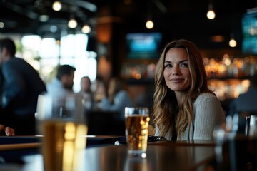 A woman with long hair is seated in a stylish bar smiling, with glasses of beverages in the foreground and blurred patrons chatting in the background.