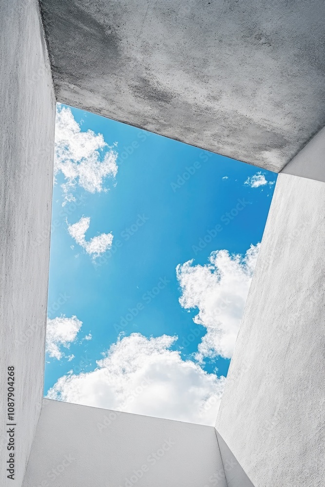 Poster interior view of a building showing a section of the sky through the window