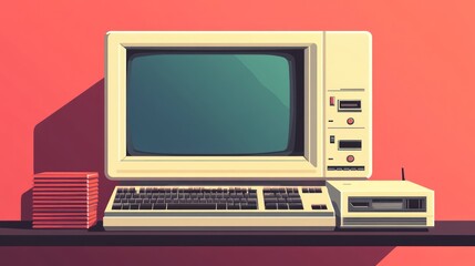 Vintage personal computer with floppy disks on shelf.