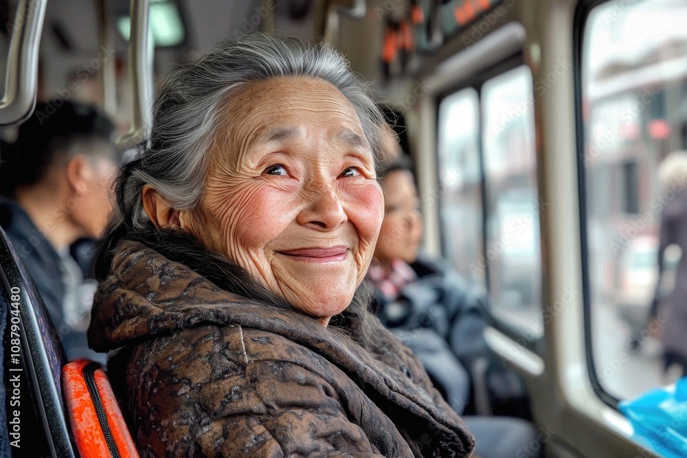 Poster a person sitting on a bus observing the outside view, possibly daydreaming or lost in thought