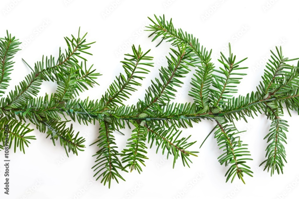 Poster a close-up shot of a single branch from a fir tree on a plain white surface