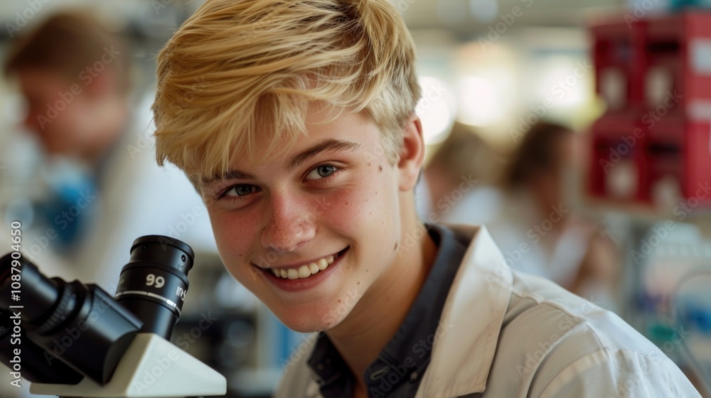 Poster a young boy examines an object under a microscope, focusing on the details