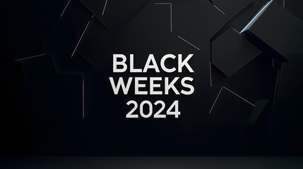 Black Weeks 2024" text with layered abstract black shapes on a dark, minimalist background.