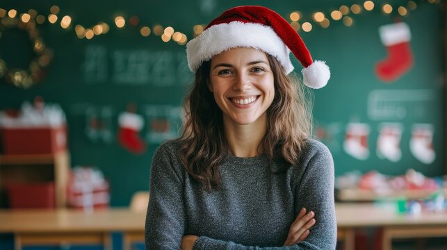 Portrait of a cheerful teacher in Santa hat holiday decorations in classroom festive Christmas mood