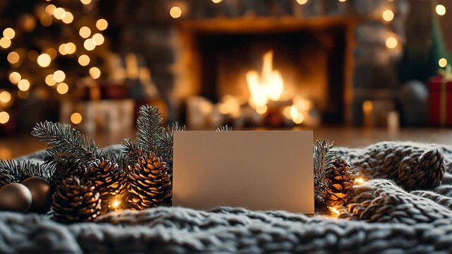 A white card is on a blanket next to pine cones and a fireplace. The scene is cozy and warm, with the fireplace providing a comforting glow. The pine cones add a touch of nature to the scene