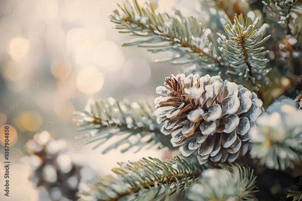 Poster close-up view of a pine cone on a tree branch