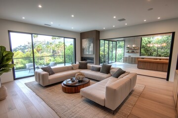 A modern living room featuring a comfortable couch and coffee table, perfect for relaxing or entertaining