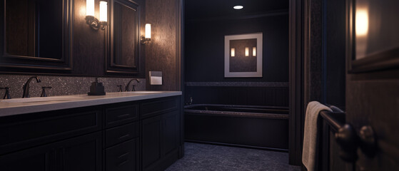 Dark modern bathroom with sleek fixtures and ambient lighting