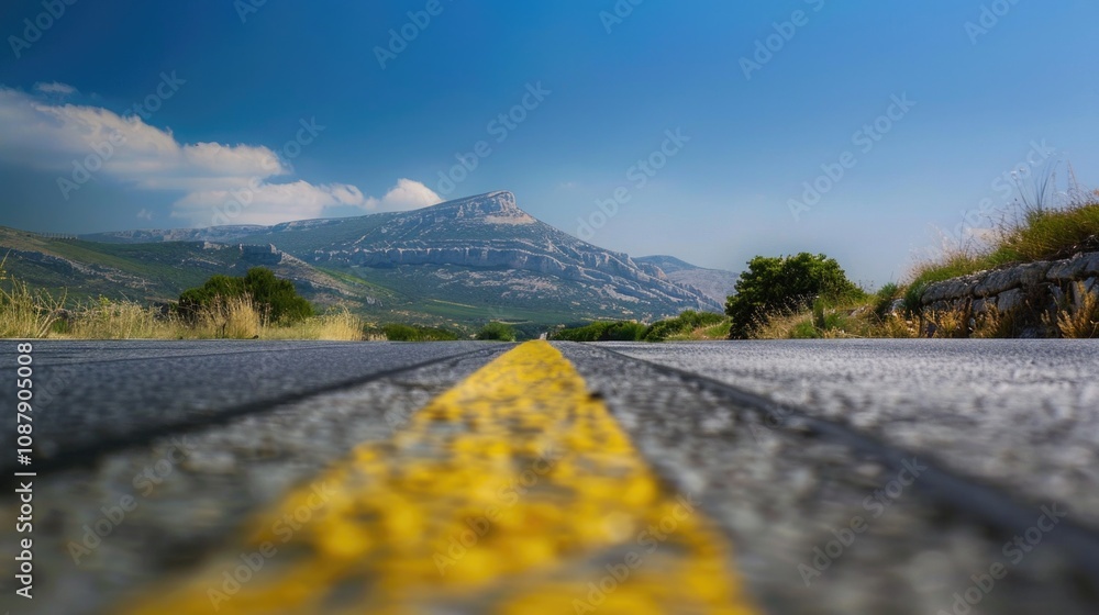 Poster a road with a yellow line in the middle, suitable for use as a background or for illustrating travel