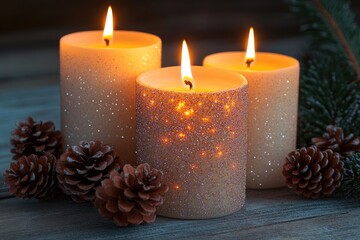 Three lit candles sit beside pine cones on a rustic surface