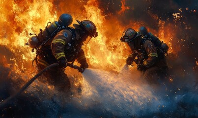 Heroic Firefighters Battling Fierce Flames with Foam and Water to Contain the Blaze
