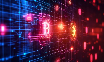 Fototapeta premium Financial blockchain circuits, neon light glow, digital economy background, futuristic tech