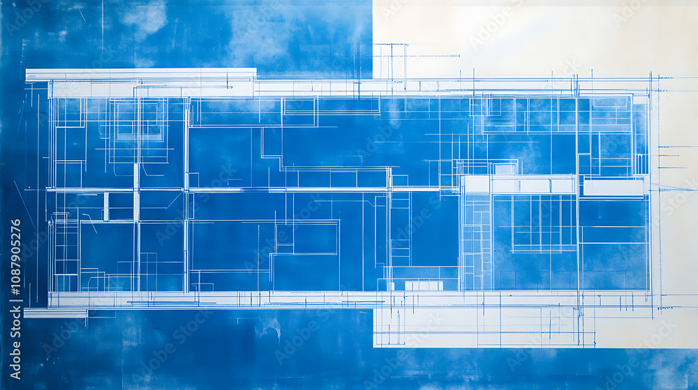 Poster a blueprint of an office building shows the structure's interior layout and exterior design through 