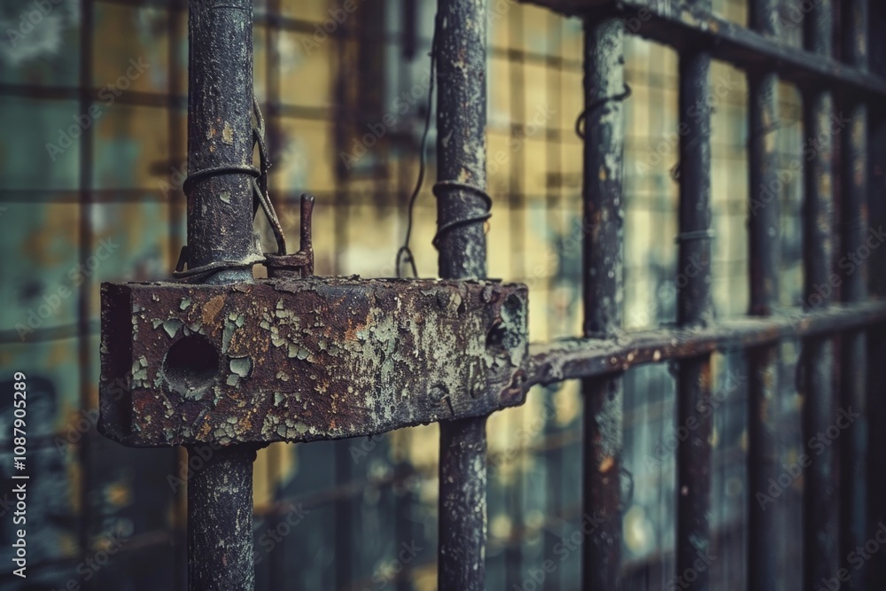 Poster a rusty old gate with a lock, suitable for use in historical or distressed-themed designs