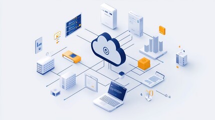 A cloud computing illustration with connected devices such as a laptop, smartphone, servers, and data centers.