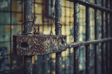 A rusty old gate with a lock, suitable for use in historical or distressed-themed designs