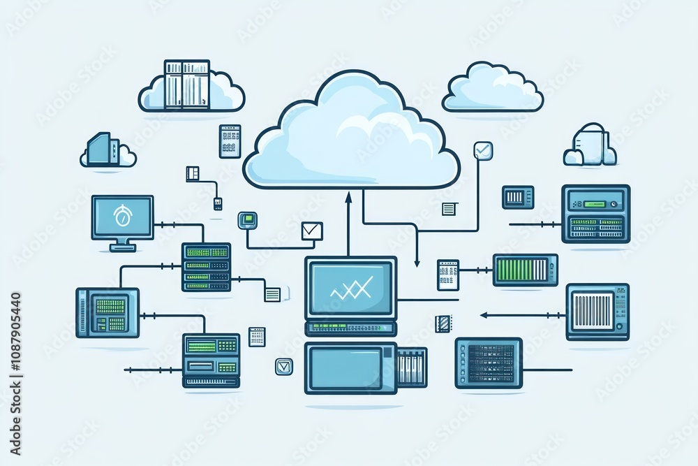 Poster illustration of a cloud computing network with connected devices, servers, and data.