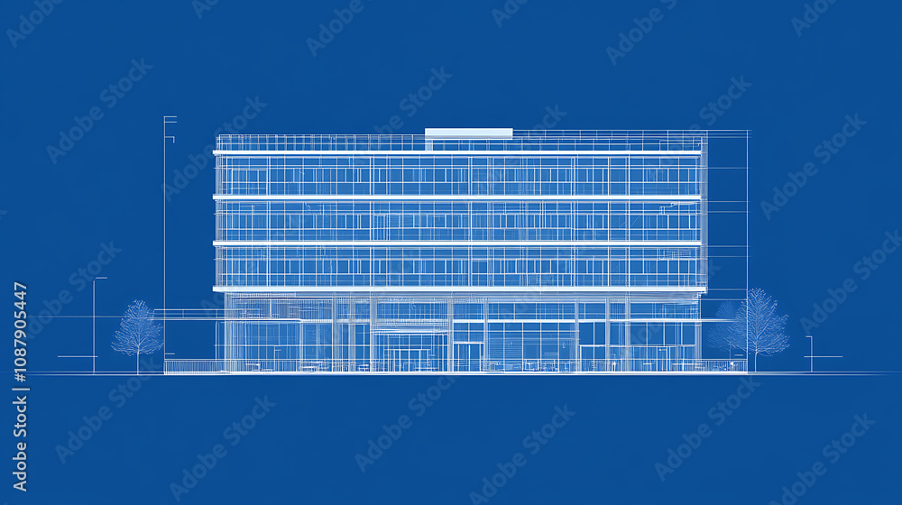 Aufkleber A blueprint of an office building with digital lines and blue hues representing the future of architecture