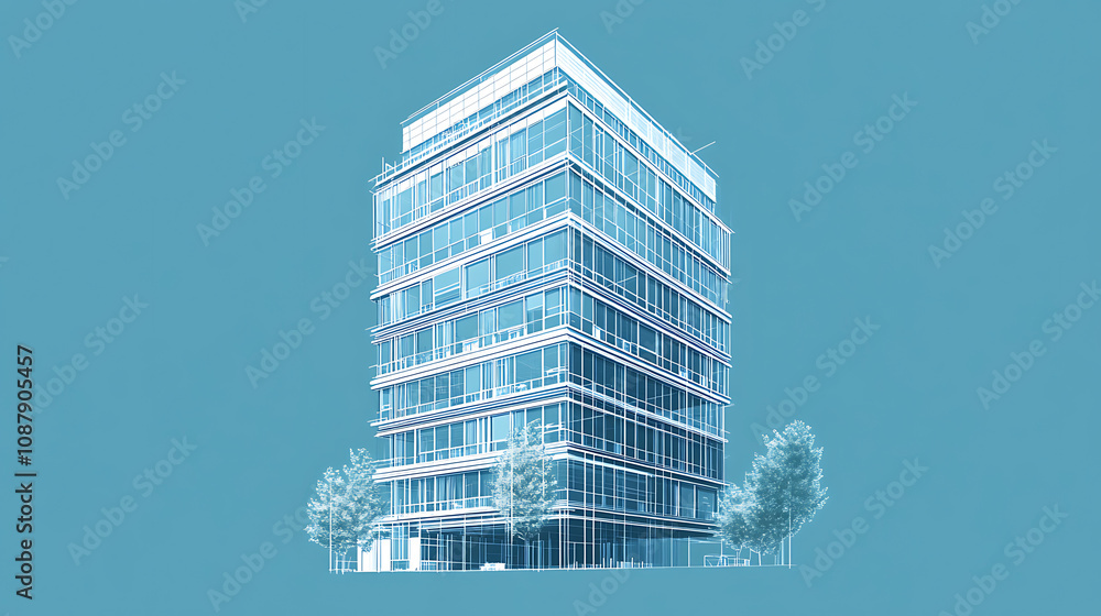 Poster A blueprint of an office building with digital lines and blue hues representing the future of architecture