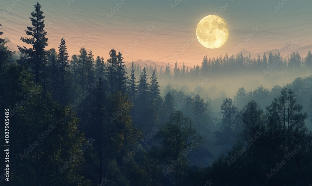 Poster full moon rising over a dense forest with the treetops bathed in warm light during twilight, creatin