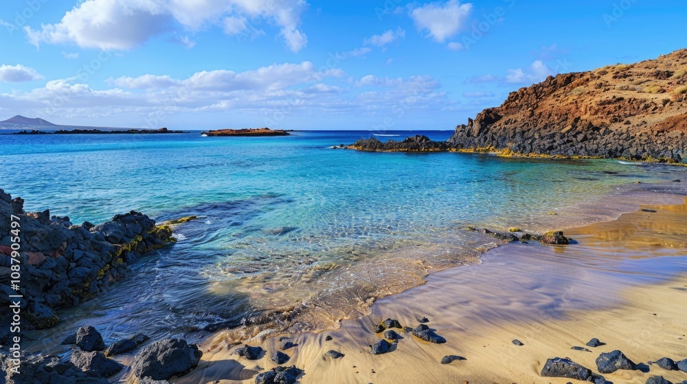Aufkleber a serene sandy beach scene with large rocks and calm clear water