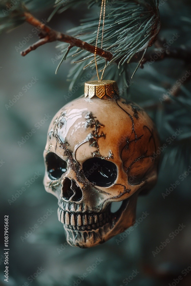 Poster a skull-shaped ornament hangs from a tree branch, adding a touch of macabre elegance to the natural 