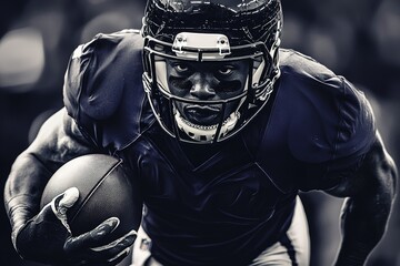 Intense football player charging with ball in monochrome.