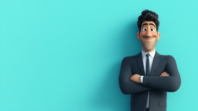 Confident male professor standing with folded arms against a teal background