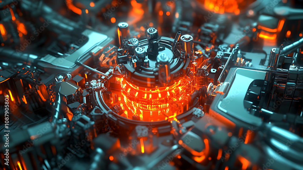 Poster A conceptual illustration of artificial intelligence and robotic quantum computing processors, emphasizing their role in business technology, engineering, and innovation