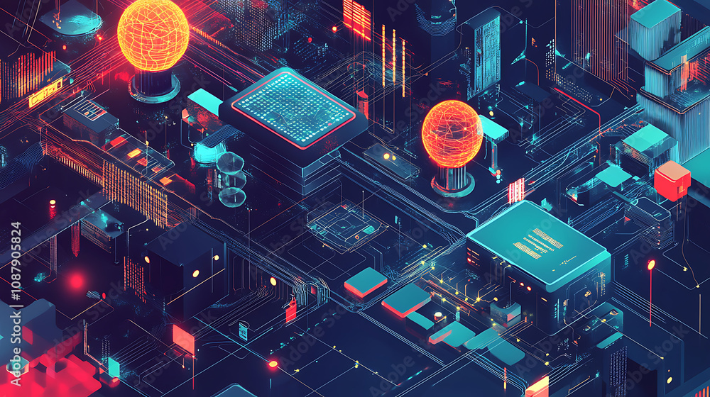 Poster A conceptual illustration of artificial intelligence and robotic quantum computing processors, emphasizing their role in business technology, engineering, and innovation