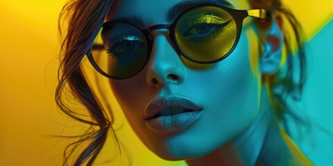 Fototapeta premium A woman wearing sunglasses against a bright yellow and blue background