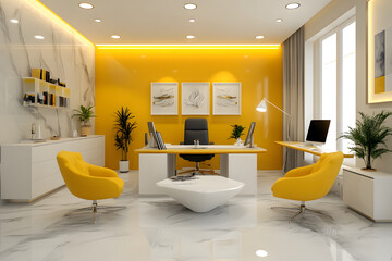 Bright and Modern Interior Office Design Showcasing Ray Flower Yellow Accents for Spring/Summer 2025 Trend