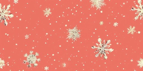 Minimalistic winter pattern with snowflakes on a coral background