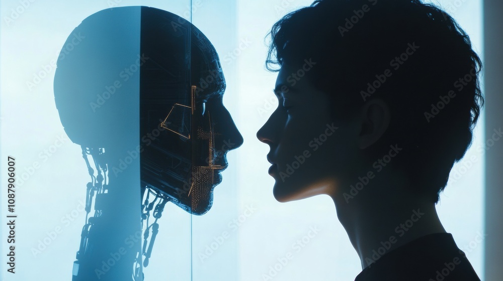 Poster a young individual thoughtfully looks into a digital mirror, seeing an ai robot's reflection in a co