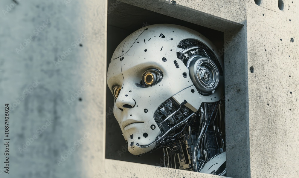 Poster a robot trapped in a concrete box. artificial intelligence technology, limits to technology, robotic