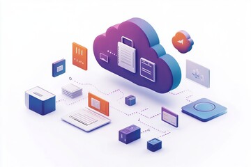 3D isometric illustration of a cloud computing system with multiple devices connected to the cloud.