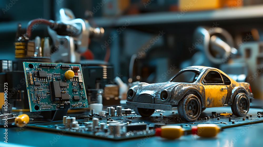 Poster a depiction of a programmable metal car robot next to an electronic board in a laboratory environmen