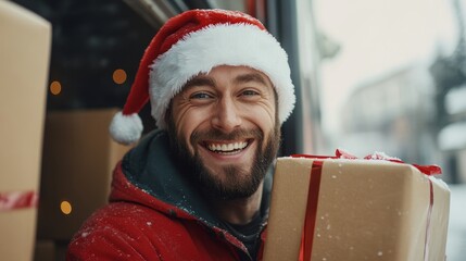 Portrait of a joyful postal worker in Santa hat delivering packages with holiday spirit Christmas cheer