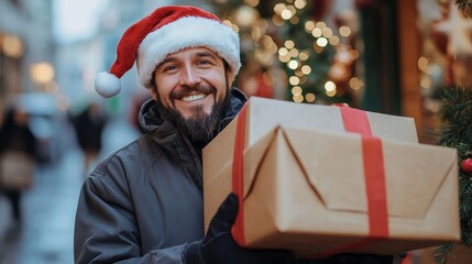 Portrait of a joyful postal worker in Santa hat delivering packages with holiday spirit Christmas cheer