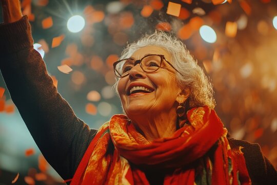 Elderly woman beams with joy amid confetti