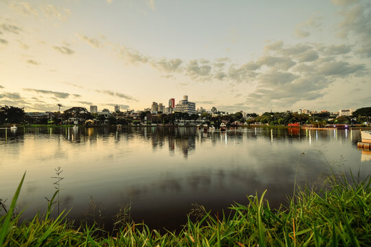 Beautiful landscape at the end of the afternoon on the shore of Ipago Lake of Londrina city, Parana, Brazil.