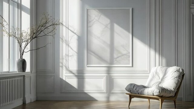 A white room with a large white framed picture on the wall and a white chair in the corner