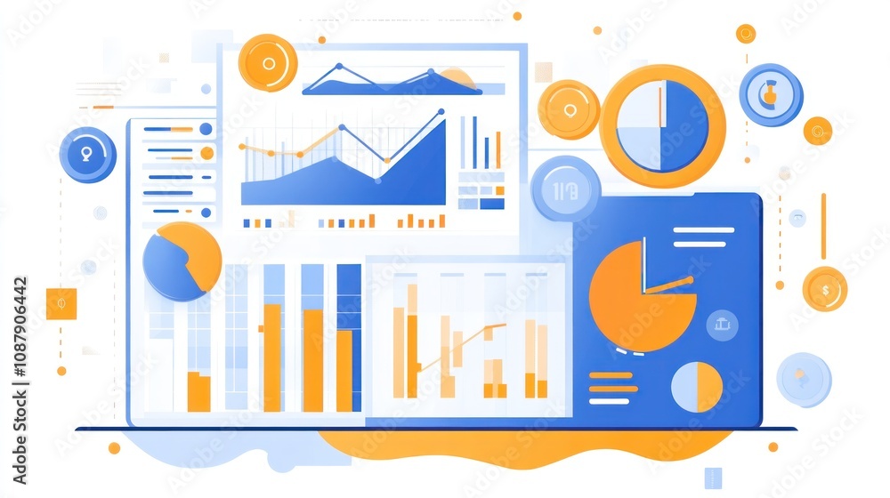 Poster colorful charts and graphs on a digital screen, representing business data and analytics.